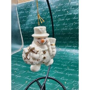 Hallmark Keepsake Porcelain Snowman Christmas Ornament Wreath Top Hat Broom Gold